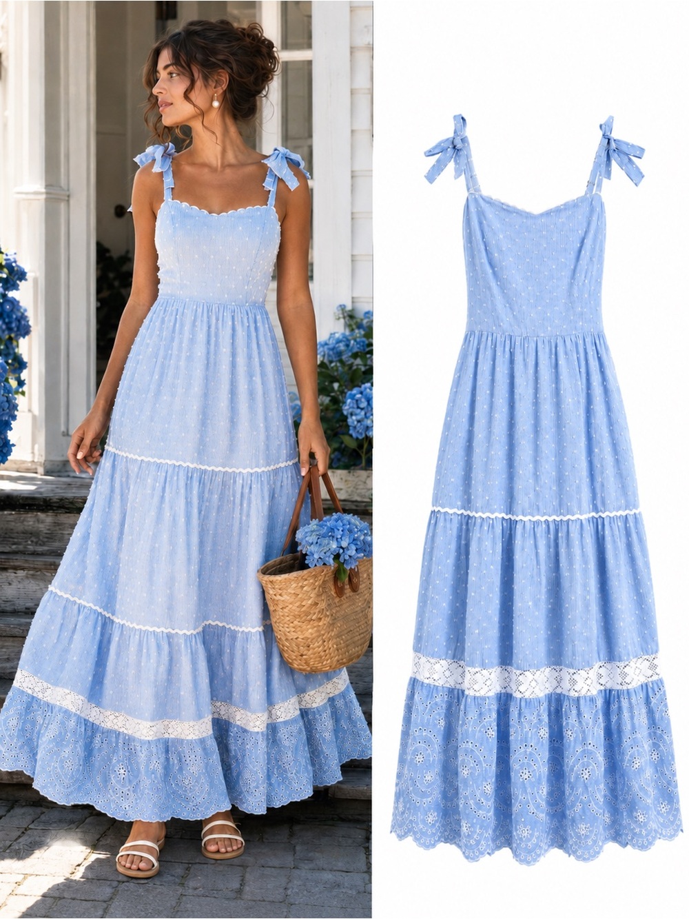 Shabby Chic Blue Swiss Dot Eyelet Maxi Dress Tie Shoulder Cottagecore Size 2